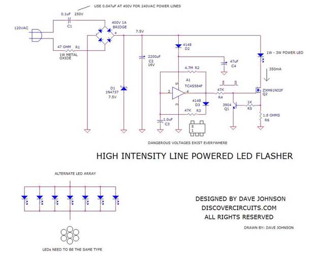 SchematicHigh Intesnity Line Powered LED FlasherDave Johnson