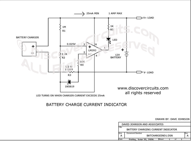 Circuit Battery Charge Current Indicator Circuits designed by David Johnson, P.E. (June 30, 2006)