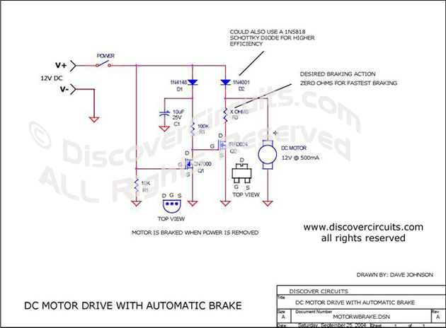 Circuit DC Motor Drive with Automatic Brake designed by Dave Johnson, P.E. (Sept 25, 2004)