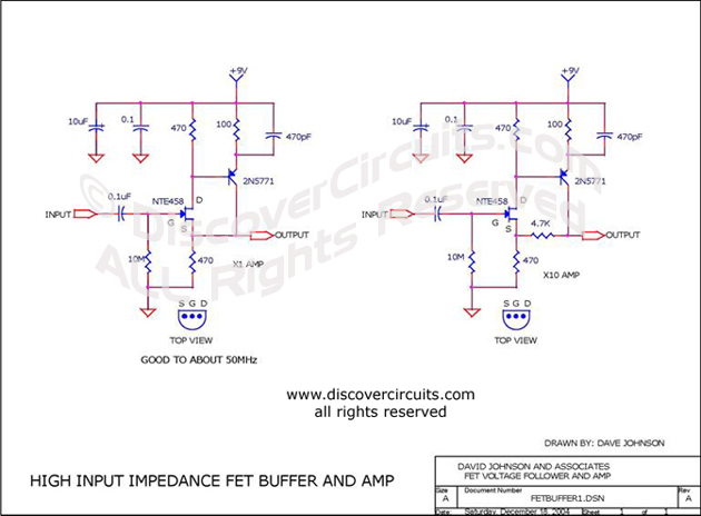 Circuit High Input Impedance FET Buffer and Amp designed by David Johnson, P.E. (Dec 18, 2004)