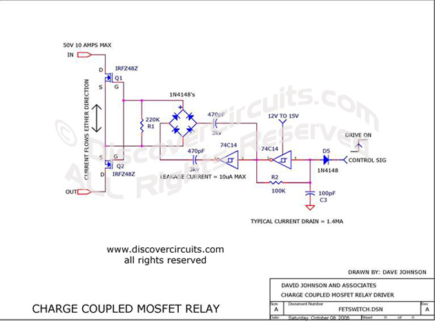Circuit Charge Coupled MOSFET Relay designed by Dave Johnson, P.E. (Oct 8, 2005)