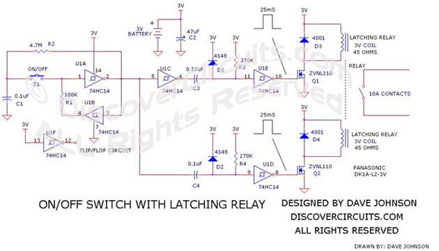 On/Off Switch with Latching Relay designed

 by Dave Johnson, P.E.