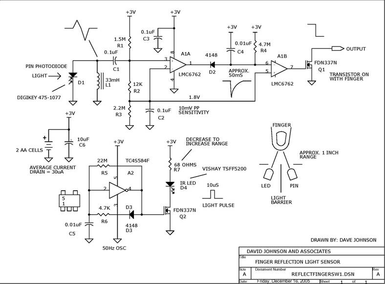 Circuit Finger Reflection Light Sensor Circuit designed by Dave Johnson, P.E. (June 30, 2006)