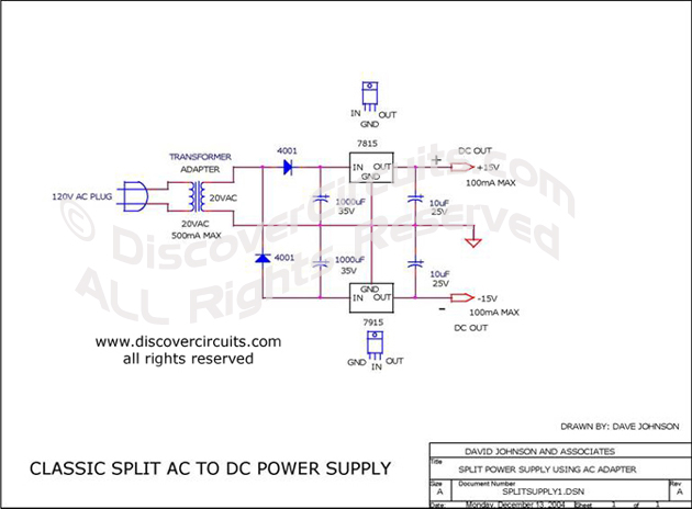 
Classic Split AC to DC Power Supply , Circuit designed by David A. Johnson, P.E.  (Dec 13, 2004)