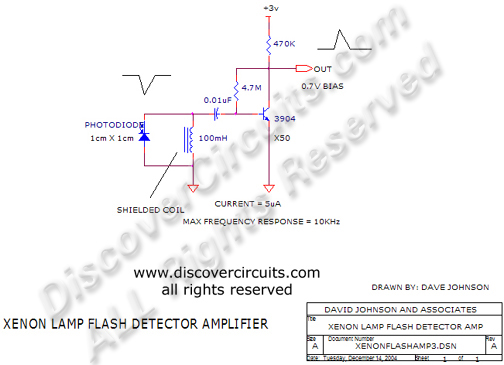 Circuit Xenon Lamp Flash Detector Amplifier designed by Dave Johnson, P.E.(Dec 14, 2004)