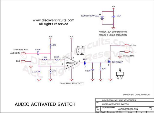 
Audio Activated Switch Circuit designed

 by David Johnson, P.E. (June 30, 2006)