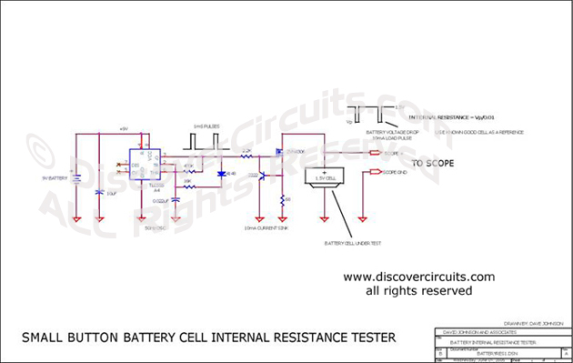 Circuit Small Button Battery Cell Internal Resistance Tester designed by David A. Johnson 