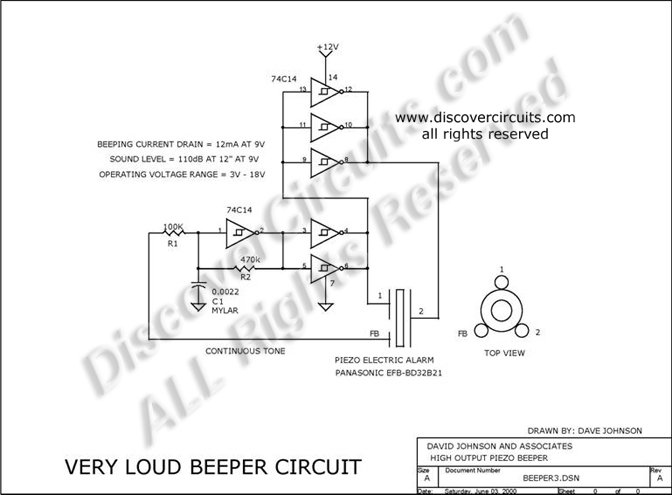 
Very Loud Beeper Circuit designed

 by Dave Johnson, P.E. (June 3, 2000)