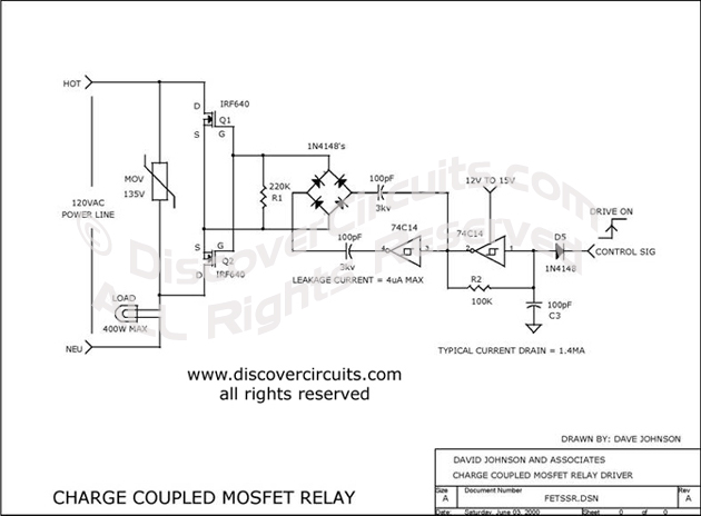 Circuit Charged Coupled MOSFET Relay designed by David A. Johnson, P.E. (June 3, 2000)