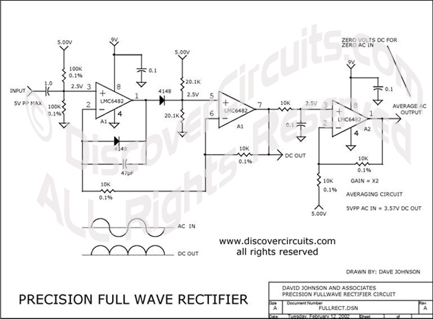 Circuit Precision Full Wave Rectifier designed by Dave Johnson, P.E. (Feb 12, 2002)