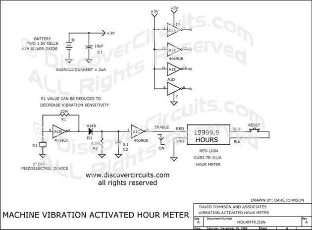 Circuit Machine Vibration Activated Hour Meter designed by Dave Johnson, P.E. (Dec 26, 1998)