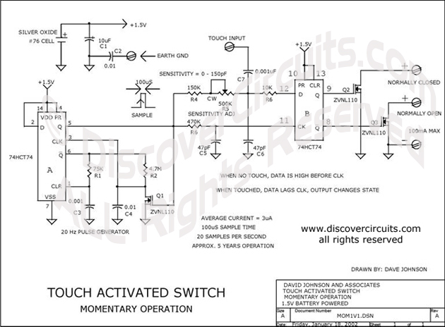 Circuit Touch Activated Switch designed by Dave Johnson, P.E. (January 18, 2002)