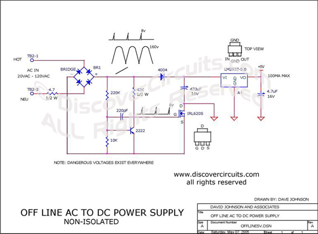 
Off Line AC to DC Power Supply (non-isolated) designed

  by Dave Johnson, P.E.  (May 7, 2005)
