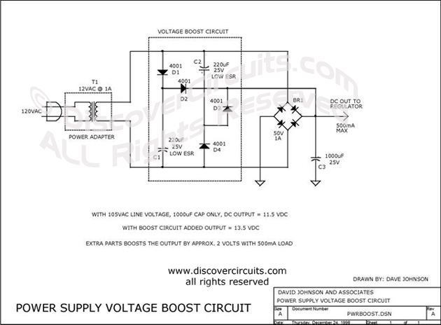 Circuit Power Supply Voltage Boost Circuit designed by David A. Johnson, P.E. (Dec 24, 1998)