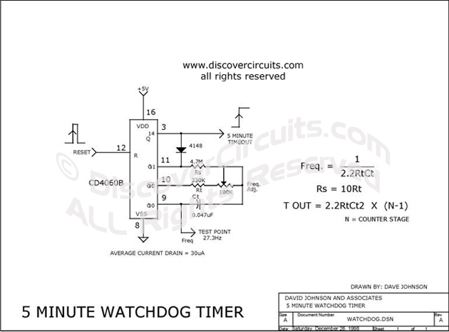 Circuit 5 Minute Watchdog Timer designed by Dave Johnson, P.E. (Dec 26, 1998)