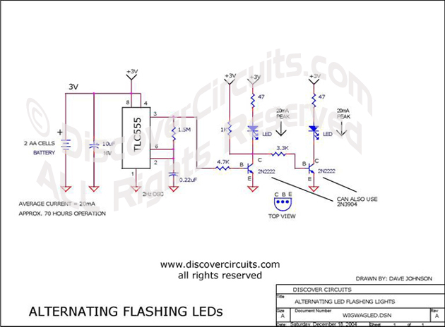 Circuit Alternating Flashing LEDs designed by David Johnson, P.E. (Dec 18, 2004)